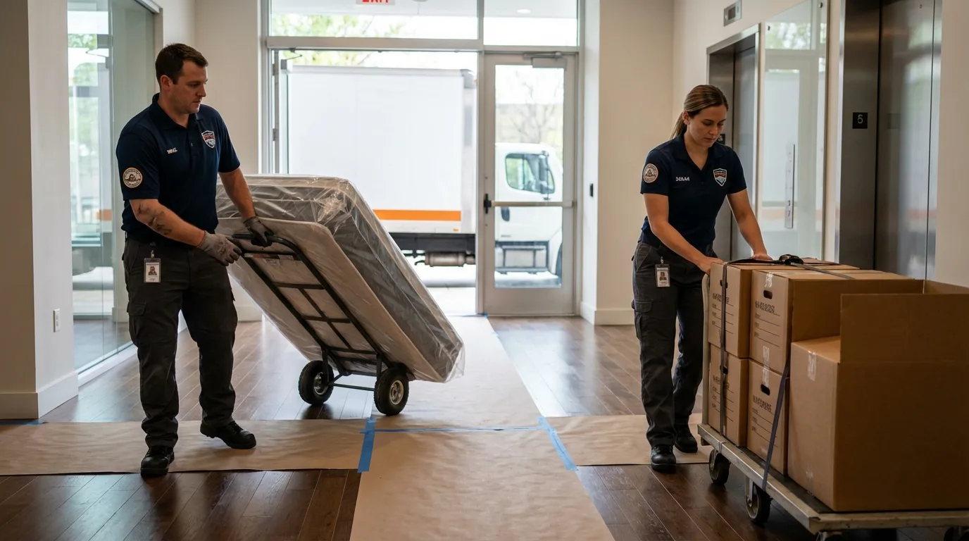 Professional apartment movers loading elevator in Tremont, PA